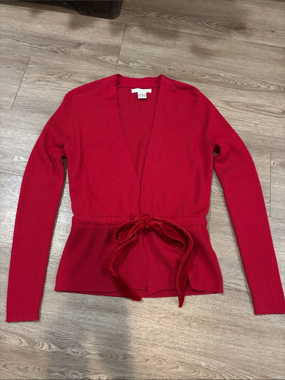 Sarah Spencer Italian Merino Wool Wrap Cardigan Red Velvet Tie
